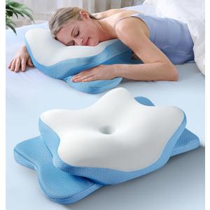 5X Pain Relief Cervical Neck Pillow for Neck Support, Ergonomic Cooling Side Sleeper Pillow for Sleeping, Odorless Contour Memory Foam Pillows, Bed Pillow for Side Back Stomach Sleeper (Queen, Light Blue)