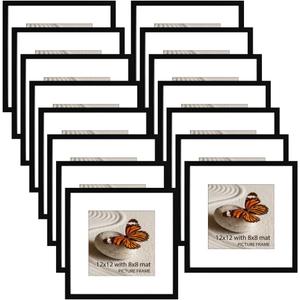 Memory Island 12x12 with 8x8 Photo Frames for Wall and Tabletop Display, 12 by 12 Black Picture Frames with HD Plexiglass, Set of 15