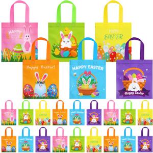 Sweetude 60 Pcs Easter Tote Bags Bulk Easter Gift Treat Bags with Handles Reusable Non Woven Bunny Rabbit Egg Goodie Party Favor Packages for Party Supplies