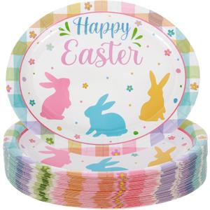 50 Count Oval Easter Paper Dinner Dessert Plates Heavy Duty Easter Dinnerware Sets with Bunny for Easter Spring Holiday Party Supplies