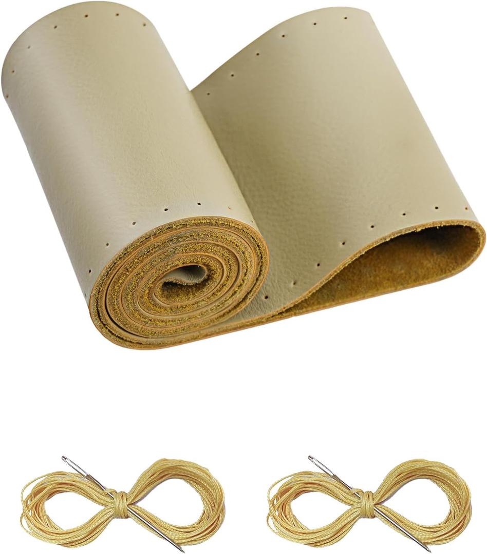 BELINOUS Leather Steering Wheel Cover Lace Up, Stitch on Steering Wheel Wrap, Universal Fit 13-20 Inch Car Truck Pickup Boat, A Whole Piece of Cowhide, DIY w/Needle Thread (Size M4, Beige)