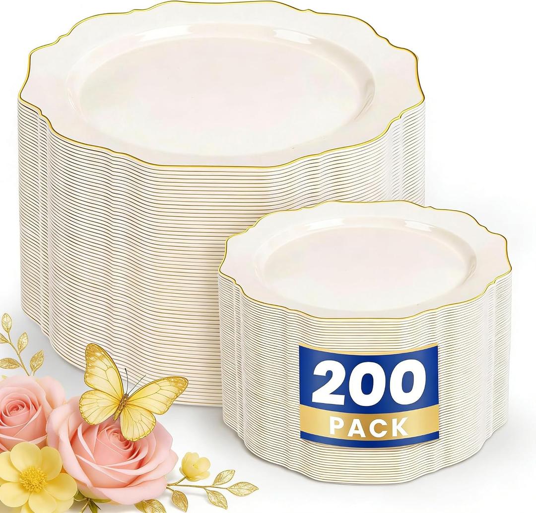 WDF 200PCS Ivory Plastic Plates with Gold Rim - Cream Plastic Plates - Include 100 Dinner & 100 Dessert Fancy Disposable Plate for Party - Heavy Duty Plate for Wedding/Baby Shower/Spring/Mother's Day