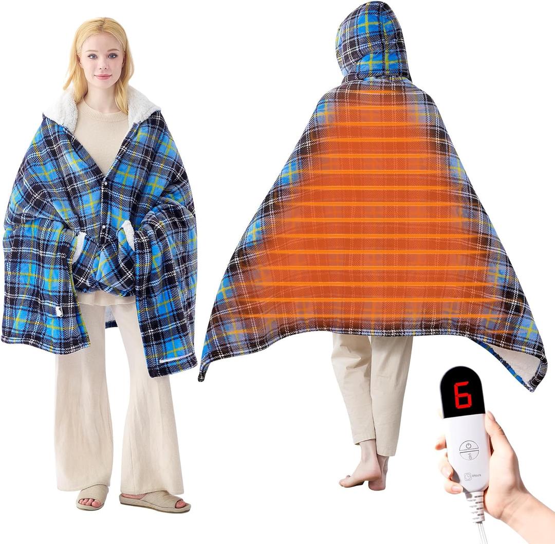 Electric Blanket Wearable Heated Shawl with Hood & Pockets  6 Heat Settings, 4H Auto-Off, Flannel & Sherpa Reversible, Cozy Plaid Heated Throw Blanket for Home, Couch, or Gift, 40"x70", Blue