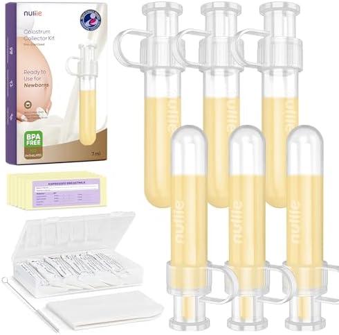 Nuliie Colostrum Collector Kit 7ml/6pcs, Leakproof, Reusable Breast Milk Collector, Heat & Freezer Resistant, BPA-Free, With Cotton Cloth Wipe, Storage Case, Cleaning Brush - Ready-to-Use for Newborns