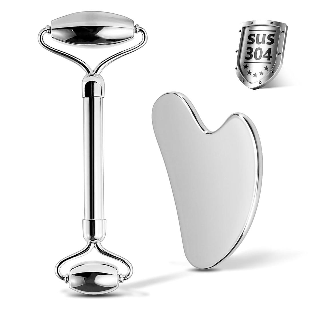 Stainless Steel Facial Roller & Gua Sha - Metallic Gua Sha, Gua Sha Facial Tools 304 Stainless Steel, Face Body Treatment, Reduce Puffiness, Lymphatic Drainage, Facial Tension (Scraping Kit)