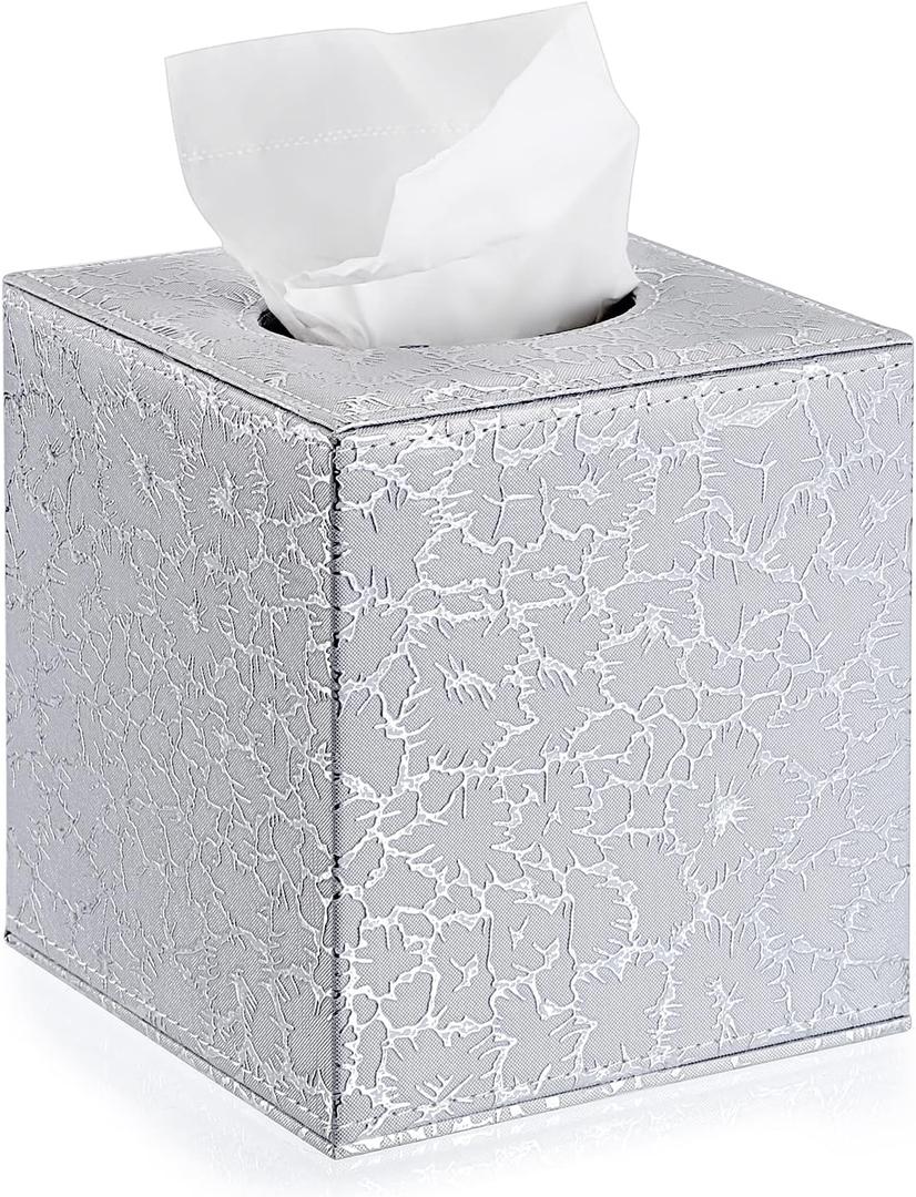 Sumnacon Square Leather Tissue Box Cover - Stylish Cube Tissue Box Holder with Magnetic Bottom, Decorative PU Tissue Box for Vanity Dresser Night Stand Table Countertop Home Office Car, Silver