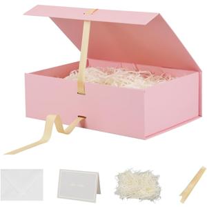 BoxSkivra Large Gift Boxes with Lids 5 Pack 13X9X4 Inch Large Pink Gift Box with Ribbon Foldable Gift Boxes for PresentsBridesmaid Proposal BoxWedding GiftsShredded Paper Filler & Cards