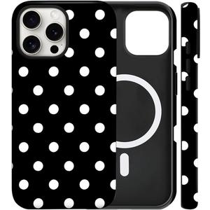 Magnetic for iPhone 15 Pro Case Cute Big Polka Dot Phone Case, Shockproof Slim TPU and Hard PC Protective Phone Cover Compatible with MagSafe Designed for Women Girls, Black 01