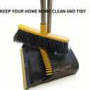 Broom and Dustpan Set with Long Handle - Upright Dustpan & 3 Rows Dense Bristles, Ideal for Home, Office, Kitchen, Lobby, Shop, All-Purpose Indoor & Outdoor Sweeping,Gray&Yellow