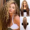 Long Curly Wig For Women, Blonde Mixed Brown Color, 28 inch Long Wavy Wig, Heat Resistant Synthetic Hair Mixed Ombre Blonde For Cosplay Daily Party Use