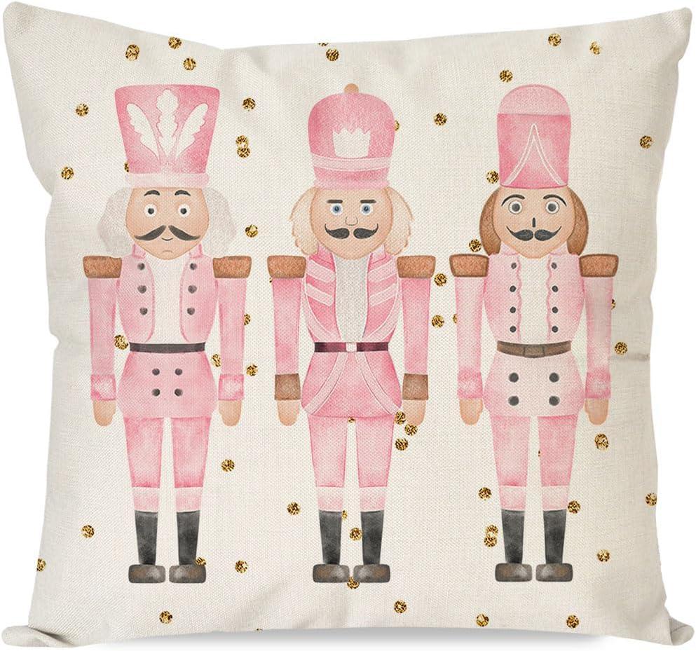PANDICORN Christmas Pillow Cover 18x18 Inch Pink Nutcracker Christmas Decor Outdoor Xmas Party Decorations Winter Holiday Pastel Decorative Throw Pillow Case for Home Living Room Bedroom Sofa Couch