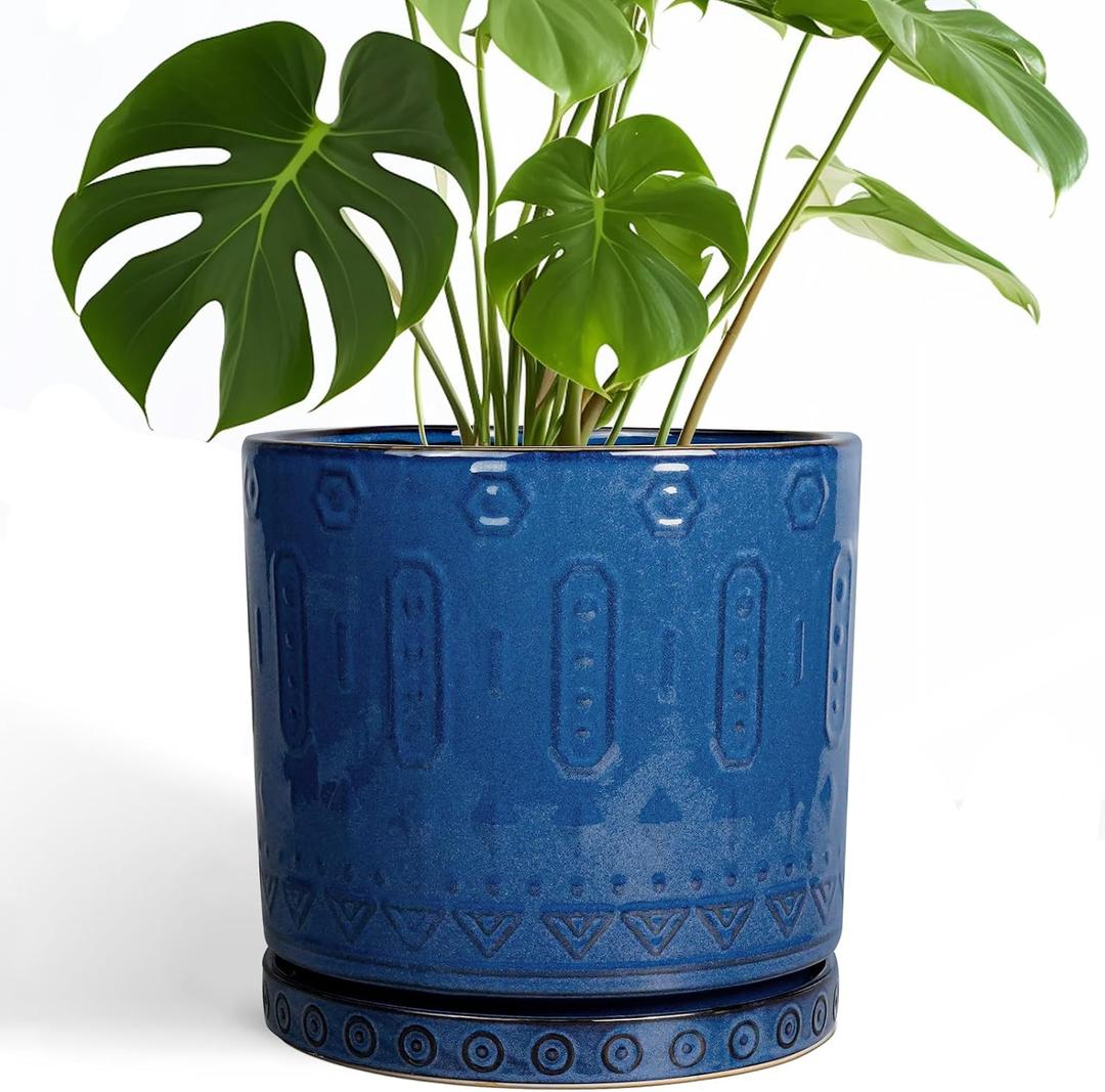 Eightpot 10 Inch Plant Pot - Ceramic Planter Outdoor Plant Pot Indoor with Drainage Holes and Saucer Large Flower Pot Round Decorative Planter for Garden Patio Decor Blue