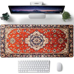 Desk Pad, Vintage Red Boho Rug XL Gaming Mouse Pad with Stitched Edges,Non-Slip Waterproof Rubber Base Large Desk Mat for Keyboard and Mouse 31.5"x11.8"