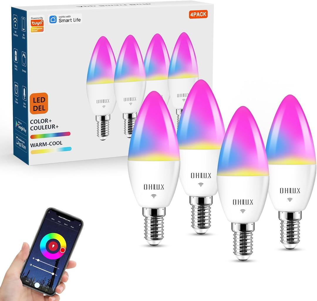 OHLUX Smart Candelabra LED Light Bulbs, 4W 40W Equivalent E12 Base, Compatible with Alexa Google Assistant, Color Changing Bulbs with 16 Million Colors, 2.4GHz WiFi, 4 Pack