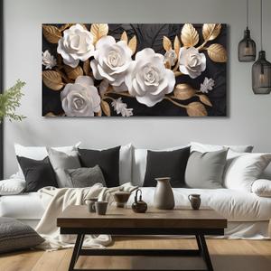 Flower Wall Art Black and Gold Floral Large Botanical Artwork 29x58 Inch