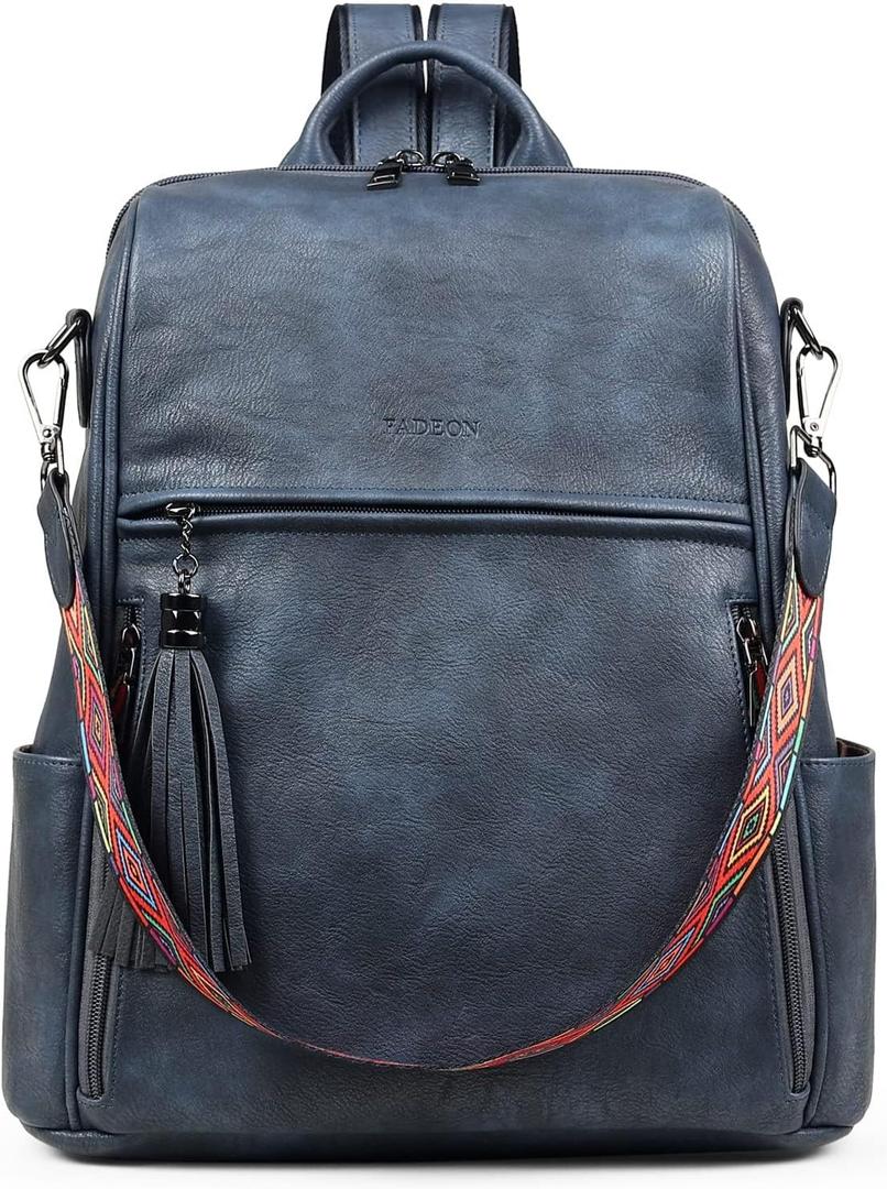 FADEON Leather Backpack Purse for Women Designer Travel Backpack Purses PU Fashion Ladies Shoulder Bag with Tassel (Medium (14-in Height), 1 Dark Blue Retro Style)