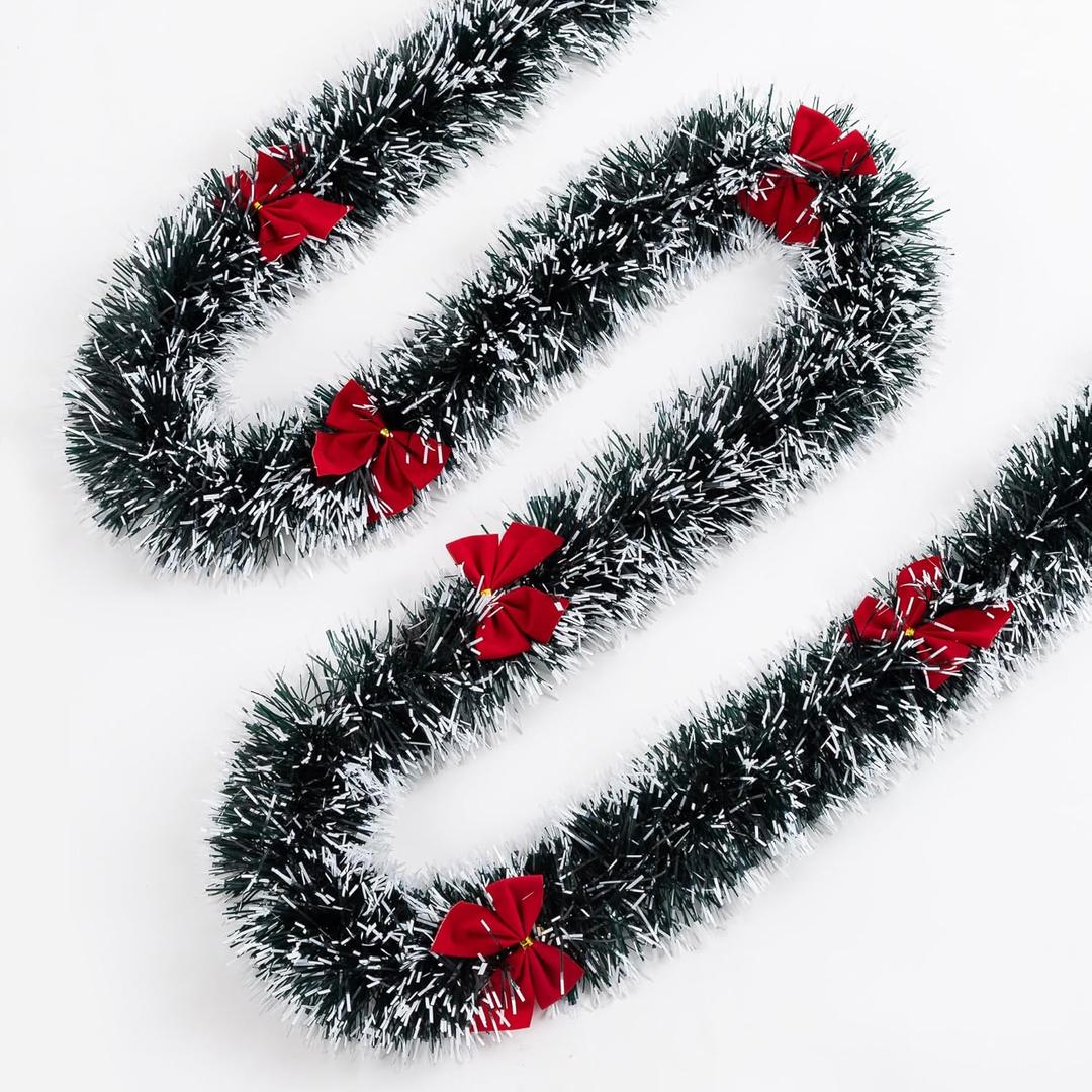 Christmas Tinsel Garland Decor, Dark Green Snowy White Tips Garland with Red Bows, Holiday Party Xmas Tree Decoration, 2 Pieces/Set, 6 ft/Piece