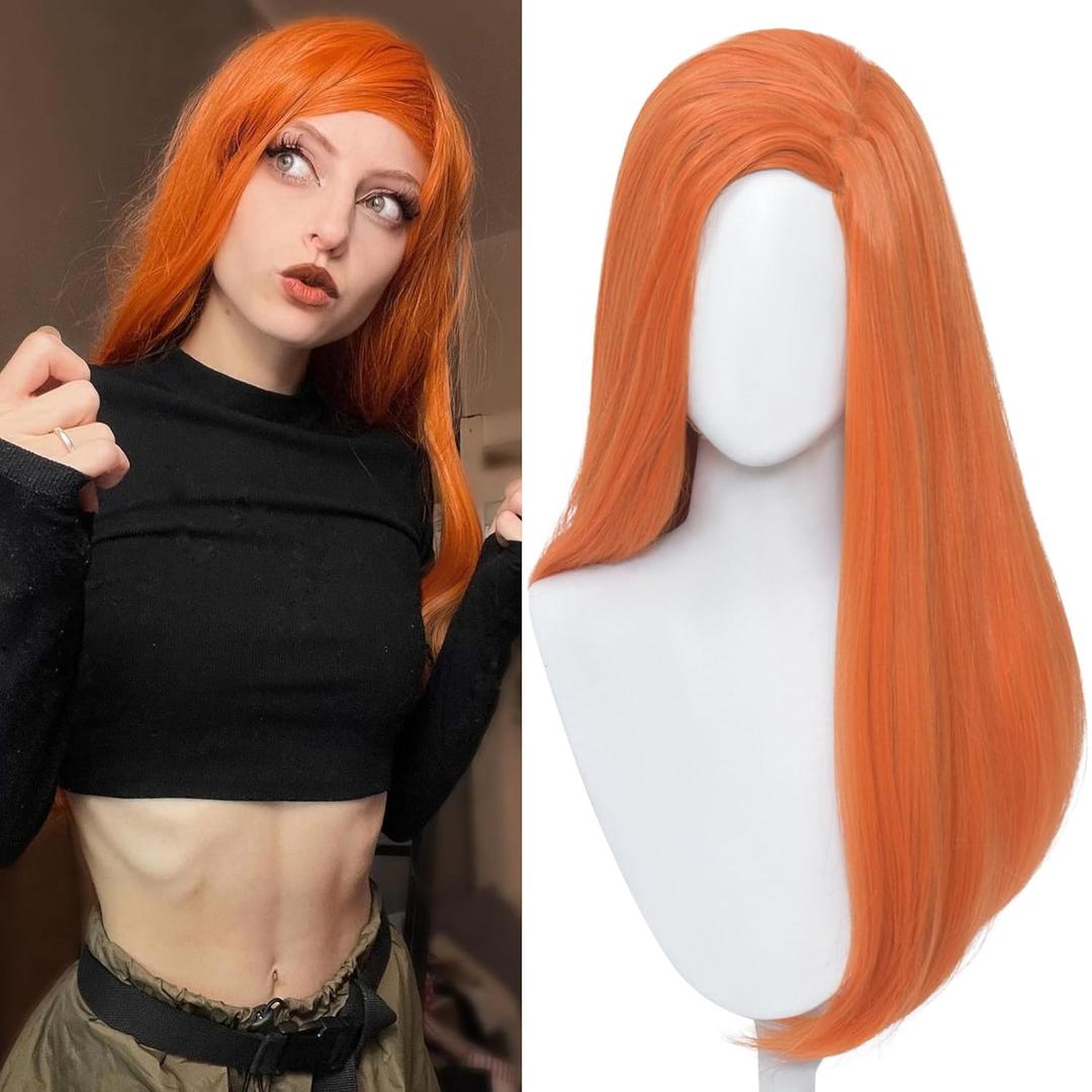 Half and Half Long Straight Anime Orange Wig Ginger Side Part Fire Wig 23.6'' Synthetic Hair for Women Daily Halloween Costumes Party