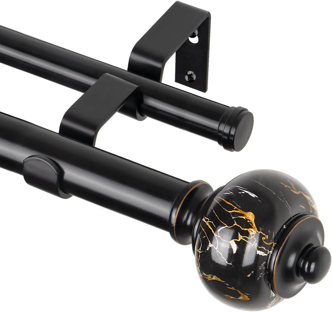 KAMANINA 1 Inch Double Curtain Rod 66 to 120 Inches (5.5-10ft), Black Telescoping Curtain Rods for Windows 54 to 115 inches, Heavy Duty Dual Drapery Rods with Marbled Finials