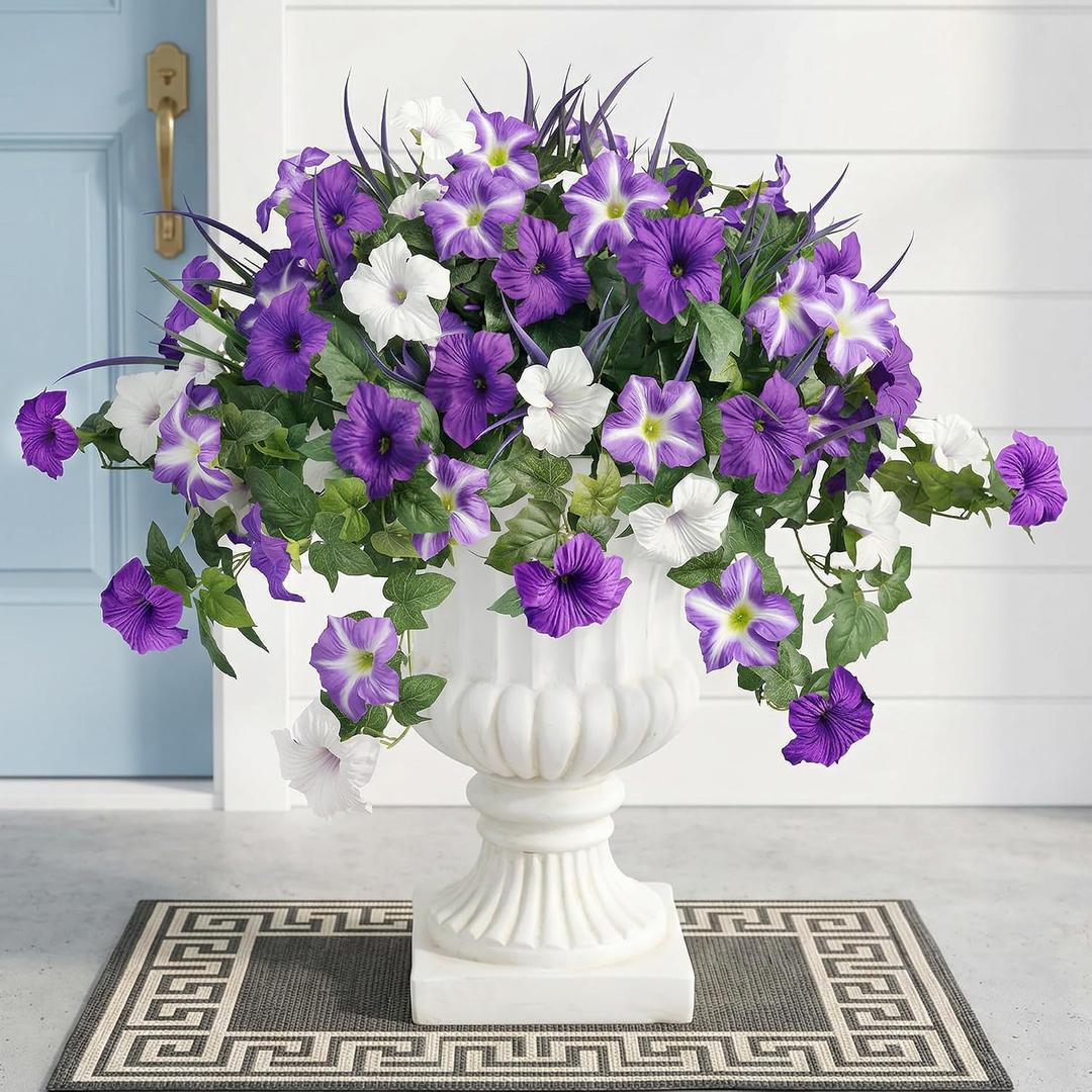 Artificial Flowers Plants for Outdoors, 6PCS UV Resistant Faux Flowers Outdoor Plants, Fake Petunias Silk Flowers for Garden Balcony Yard Porch Decor (White Purple)