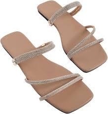 GORGLITTER Women's Rhinestone Flat Sandals Strappy Slip on Open Toe Slide Sandals (7.5, Brow)