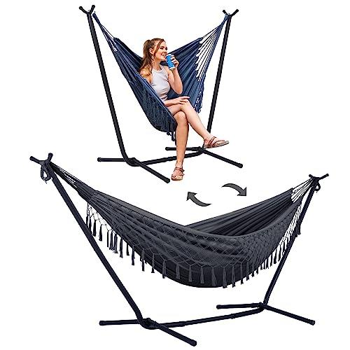 SUNCREAT 2-in-1 Hammocks Convertible Portable Double Hammock with Stand Included, Outdoor Hammock and Stand, Patented, Dark Grey with Tassel