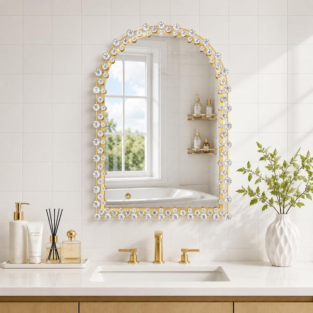 Glam Crystal Accent Gold Arched Wall Mirror - 20"X28" Ornate Arch Wall Decorative Mirror with Metal Frame Modern Luxury Mirror for Entryway, Fireplace, Living Room, Bathroom, Hallway
