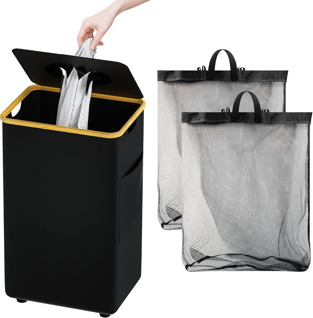 MinBoo 110L Large Laundry Basket with Lid, Tall Collapsible Clothes Hamper with Removable Bag & Bamboo Handles, Foldable Dirty Clothes Bin for Bedroom, Bathroom, Dorm, Laundry Room