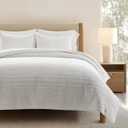EVERGRACEHOME 100% Cotton Modern Lines Quilt Set King Size, Pre-Washed Soft Striped Coverlet Bedspread, 3 Piece Lightweight Bedding Set for All Season, with 2 Pillow Shams, Bright White