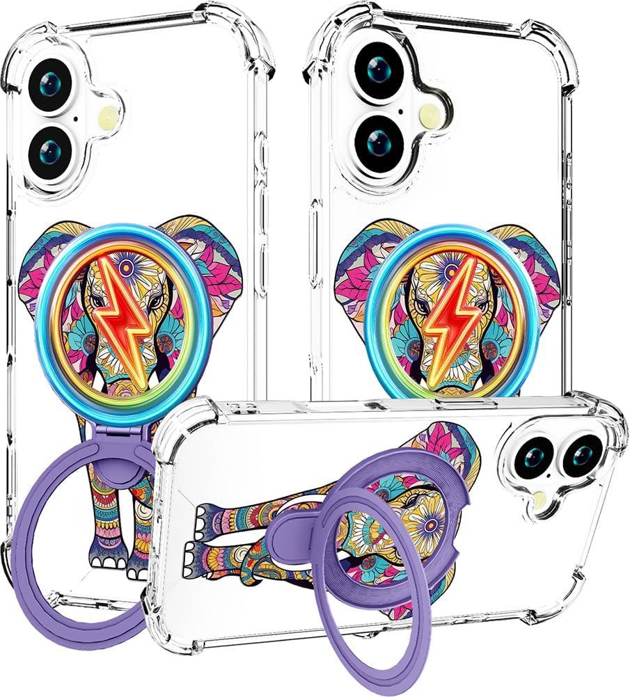 for iPhone 16 Case [Compatible with MagSafe] Clear Stand Cute for Women,Magnetic Mag Safe Kickstand Rugged Heavy Duty Bumper Phone Cases Funda (Pink Elephant Floral)