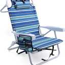 Beach Chairs for Adults Heavy Duty, Compact Portable Lay Flat Folding Chair with Backpack Straps and Large Cooler Pouch, Support to 350LBS (Stripes_Blue&Cyan)