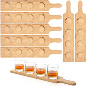 LemonRoad 6 Pcs Flight Board Tasting Set 4 Slots Bamboo Shot Board Serving Tray 2.17 Inch Base Beer Flight Serving Paddle for Whiskey Cocktails Wine Home Bar Party Supplies, 18.0" L x 3.9" W