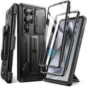 TONGATE for Samsung Galaxy S24 Ultra Case, [Built-in Slide Camera Cover & Screen Protector] [2 Front Frames] Full-Body Heavy Duty Shockproof S24 Ultra Phone Case with Stand & Belt Clip Holster, Black