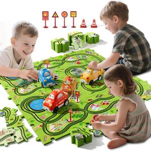 64-Piece Puzzle Race Car Track Set for Toddlers 1-3 | City-Themed Tracks, 3 Cars & Road Signs | Puzzle Car Tracks Toddler Toy Gifts for 2 3 4 5 6 Year Old Boys & Girls