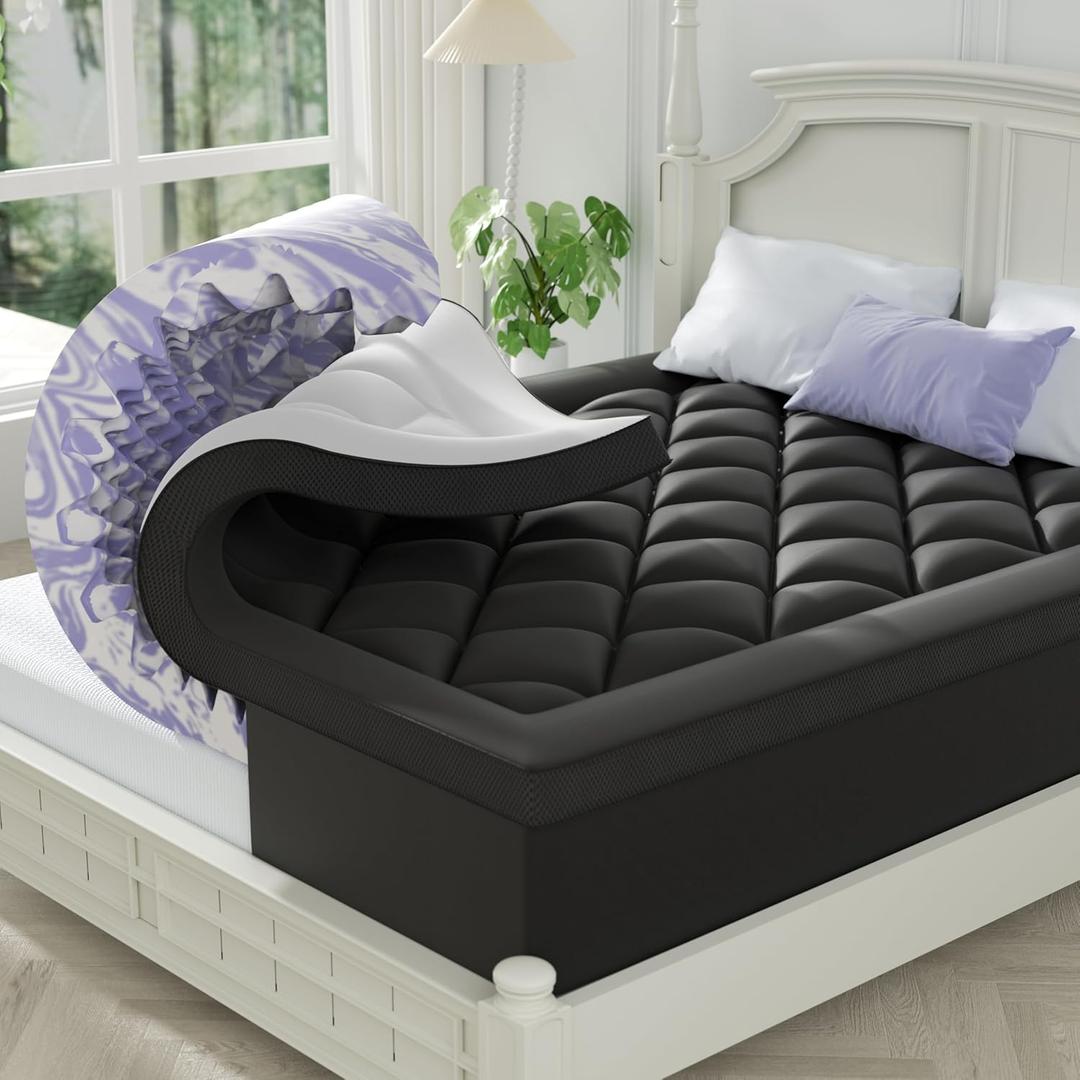 ChiXpace Dual Layer 4 Inch Memory Foam Mattress Topper Full - 2 Inch Gel Memory Foam and 2 Inch Pillow Top Mattress Pad, 7-Zone Egg Crate 2-in-1 Design (Black-White)