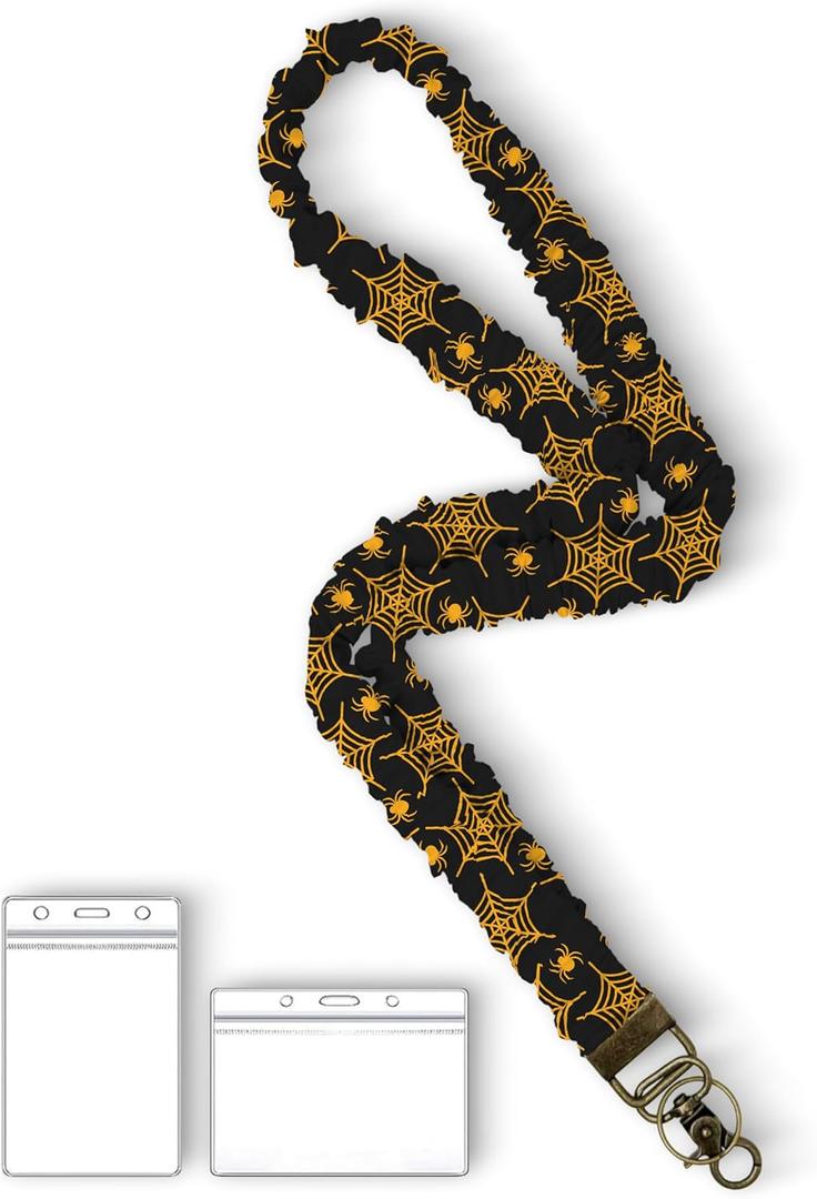 Lanyardio Stretchy Scrunchie Lanyard for ID Badges Keys, Cute Teacher Lanyard for Women with 2 Card Holders 19.6 Inch (Halloween Spider Web)