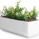 MyGift 14 Inch Ceramic Indoor Plant Pot with Drainage Hole, Rectangular Succulent Planter Window Box with Removable Saucer, Unglazed White