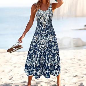 Women's Maxi Dress Summer Sleeveless with Round Neckline and Floral Print Fashionable ResortStyle Beach Dress Large
