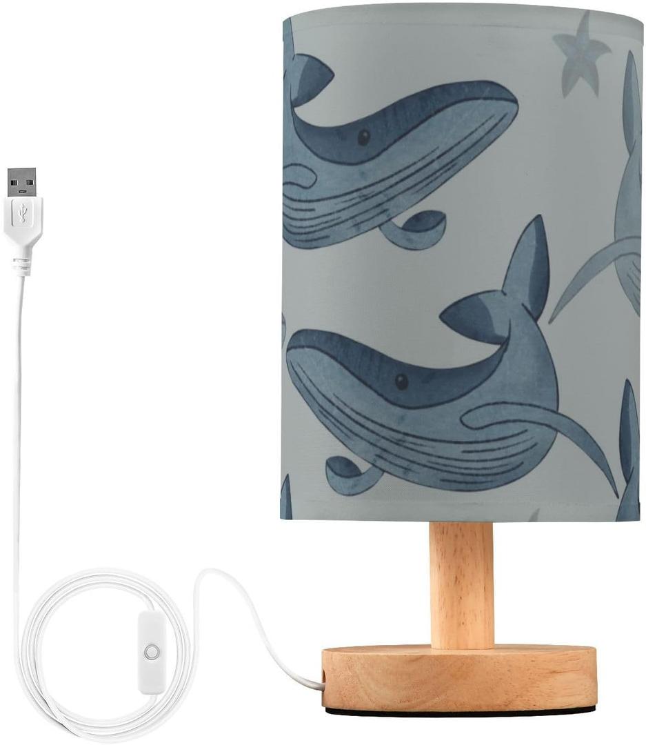 Starfish Gray Whale Table Lamp Bedside Lamps with USB Port,Wood Base Round Flaxen Fabric Shade for Bedroom (Multi-t2)