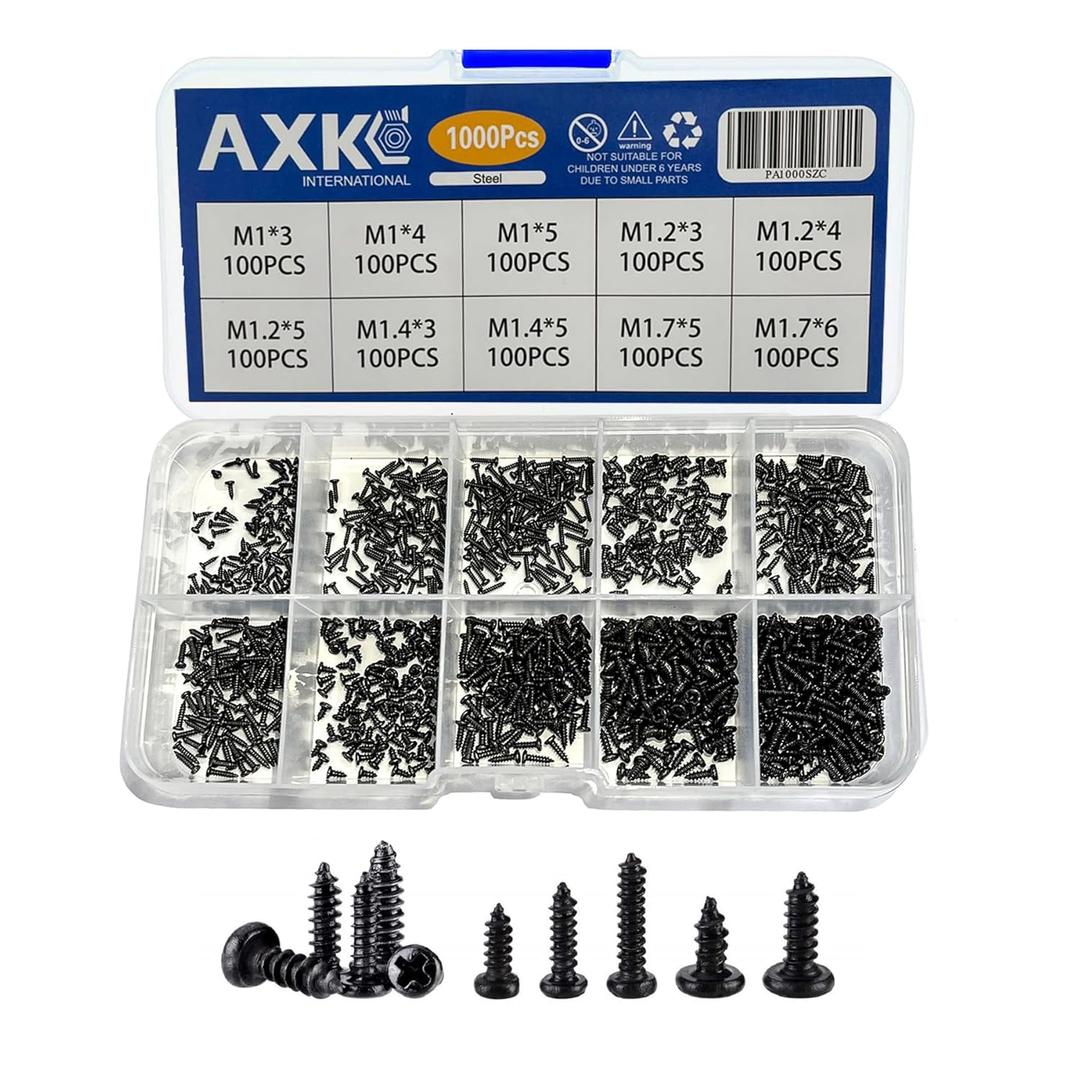 1000PCS Micro Self Tapping Screws Kit (M1/M1.2/M1.4/M1.7) - Phillips Round Head Carbon Steel Black Screws for Electronics & Woodworking