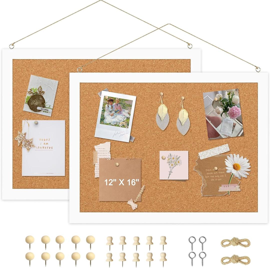 2-Pack Double-Sided Cork Board, 16" x 12" Hanging Wood Framed Small Bulletin Board, Picture Display Vision Board Kit Corkboards for Wall Room School Office Decor, 20 Pushpins (Vintage White)