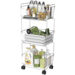 3 Tier Rolling Utility Cart,Plastic Storage Cart with Wheels,Movable Storage Cart Organizer for Living Room,Kitchen,Bathroom,Pantry,Nursery,Clear