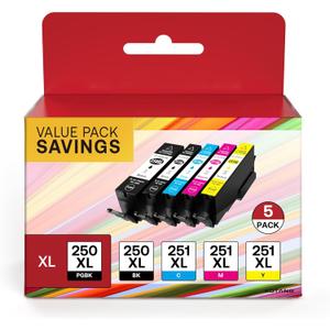 PGI-250XL CLI-251XL 5 Color Value Pack Replacement for Canon 250 and 251 Compatible with PIXMA MX922 MX920 MG5520 MG7520 MG6320 IP7220 IX6820 IP8720 (Total 5 Pack, Multicolor) (PGBK, Black, Cyan, Magenta, Yellow)