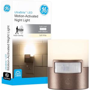 GE LED Motion Sensor Night Light, Plug into Wall, 40 Lumens, Soft White, UL-Certified, Energy Efficient, Ideal Nightlight for Bedroom, Bathroom, Kitchen, Hallway, 26140, Bronze, 1 Pack