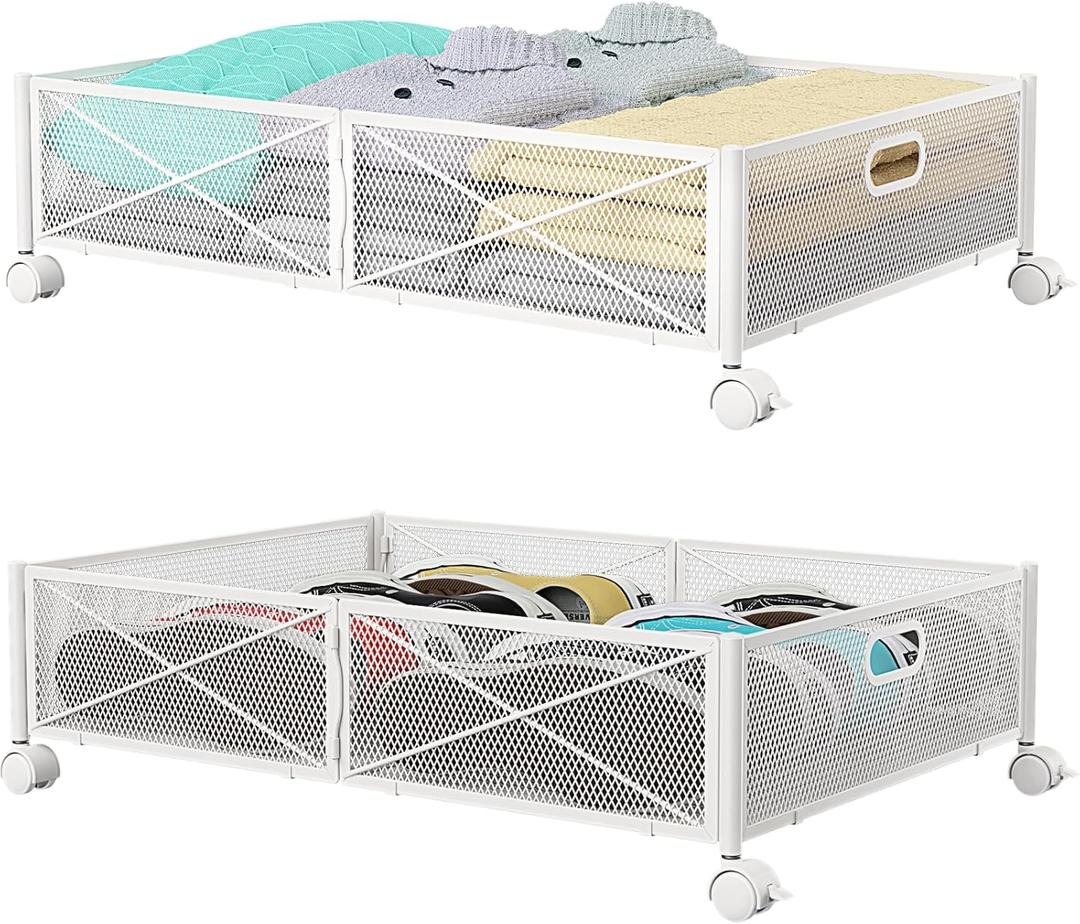 PHINOX Under Bed Storage with wheels, Under the Bed Storage Containers,Upgrade Crossed Iron Wire, Metal Rolling Underbed Storage Containers for Bedroom Clothes Shoes Blankets-2 Pack,White