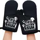 2 x This Sxxt is Going to be Delicious Funny Black Oven Mitts with Hanging Loop and Silicone Non-Slip, Women Men Cooking Baking BBQ Utensils 2-Piece Set, Gifts for Chef Bakers Wife BFF
