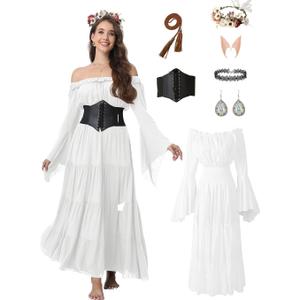 7 Pcs Halloween Medieval Renaissance Witch Dress for Women, Victorian Vintage Gothic Cosplay Fairy Costumes (Small, White)