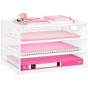 Lavatino 3-Tier Letter Tray Desk Organizer, Mesh Metal Paper File Tray Organizer for Desk, Office Supplies & Home Organization, Fits A4 Paper, Mail, Magazines & Office Accessories (White with Handle) (12.6" x 9.1" x 7.6")