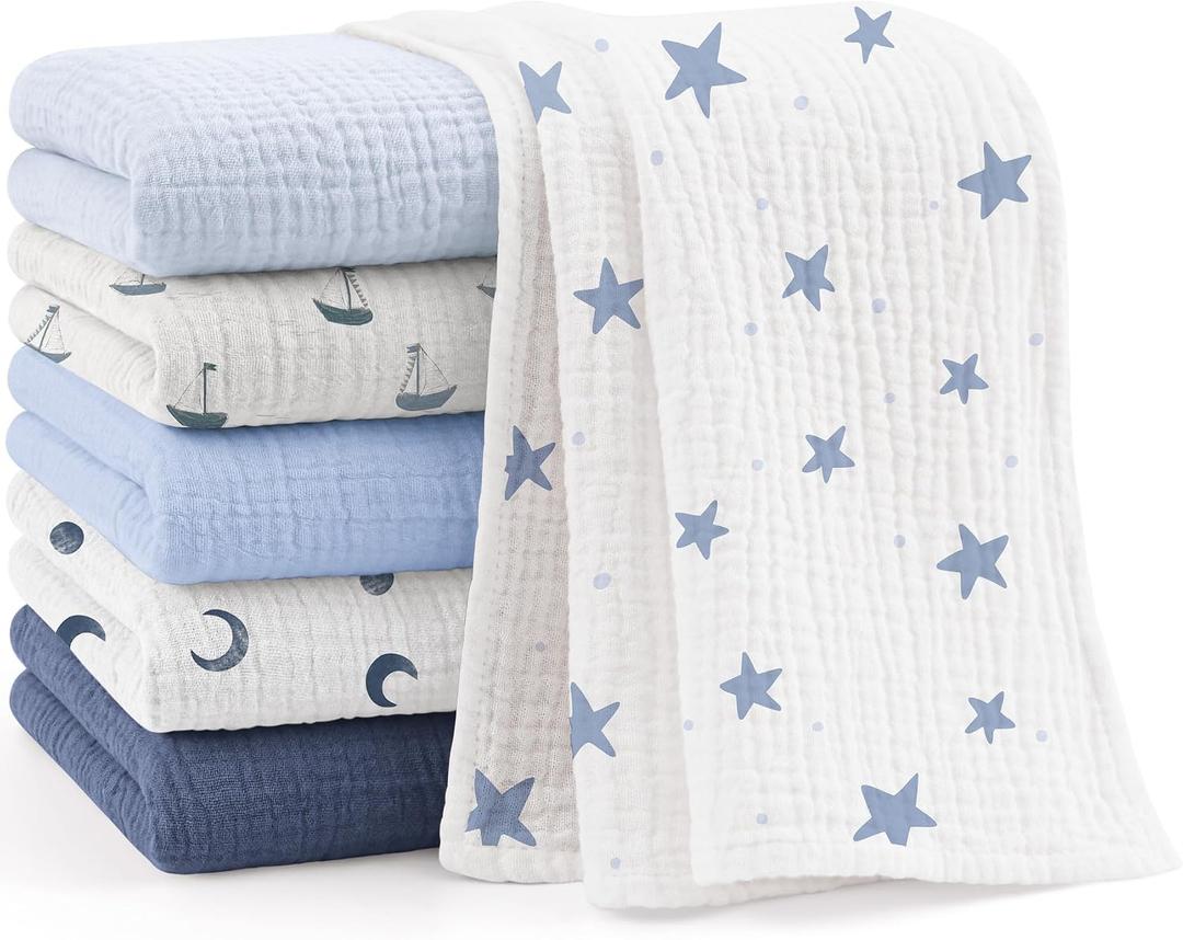 Bearmoss 6 Pack Muslin Burp Cloths for Baby, 100% Cotton Soft Large Burping Cloths for Unisex, Boy, Girl, 23.6" X 23.6" Newborn Essentials Absorbent Milk Spit Up Rags (Blue)