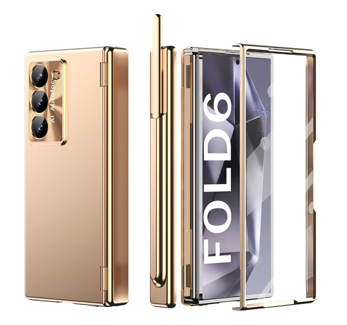 GOUHGKH for Galaxy Z Fold6 Case,with Buit-in Screen Protector, Rugged Hinge Protection, Camera len Cover, Full Body Protective Phone Case for Samsung Z Fold 6, Pink Gold